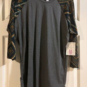 LuLaRoe Charcoal Top with Tribal Patterned Sleeves